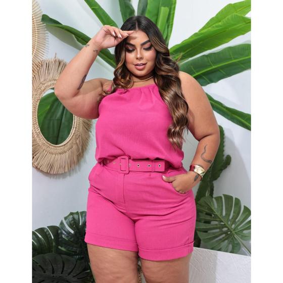 Imagem de Conjunto Feminino Plus Size Short E Blusa Linho Social Top Rosa