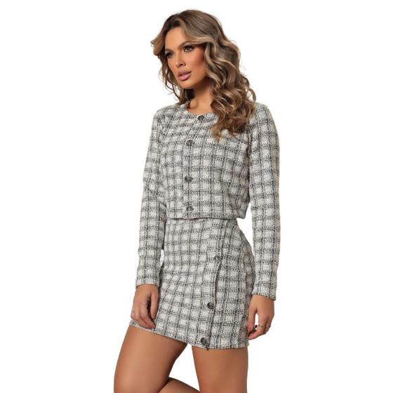 Imagem de Conjunto Feminino Saia e Jaqueta Cropped Tweed Elegante Tendência Outono Inverno