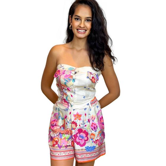 Imagem de Conjunto Feminino Shorts Cropped Estampado Verão sem alça Botão Estampado Fresquinho Moda Confortável Acinturado