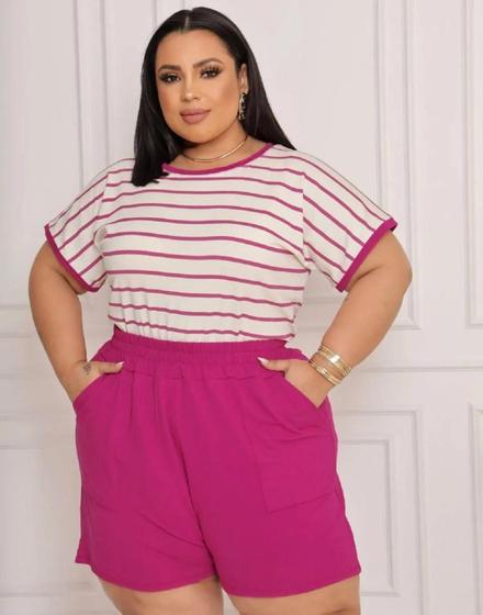 Imagem de Conjunto Feminino Shorts e Blusa Plus Size Verão Listrado