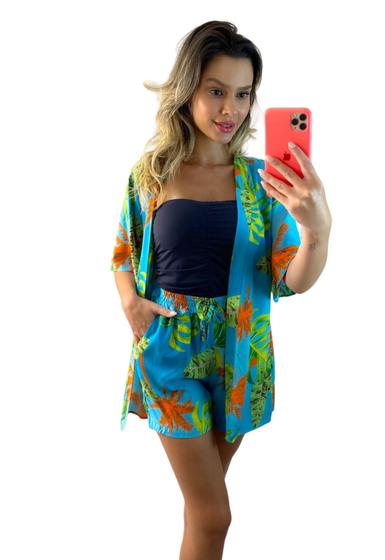 Conjunto Feminino Shorts E Kimono Estampas Do Verão Lin Menor preço em Conjunto Feminino Shorts E Kimono Estampas Do Verão Lin