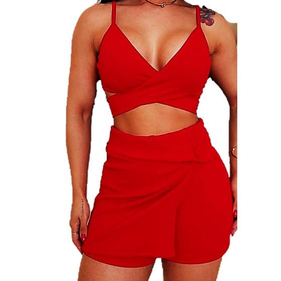 Imagem de Conjunto Feminino Tecido Malha Ruga Cropped Com Bojo Vermelho