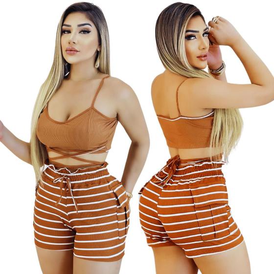 Imagem de Conjunto Feminino Top com Alça e Short Ajustável Marron Listrado