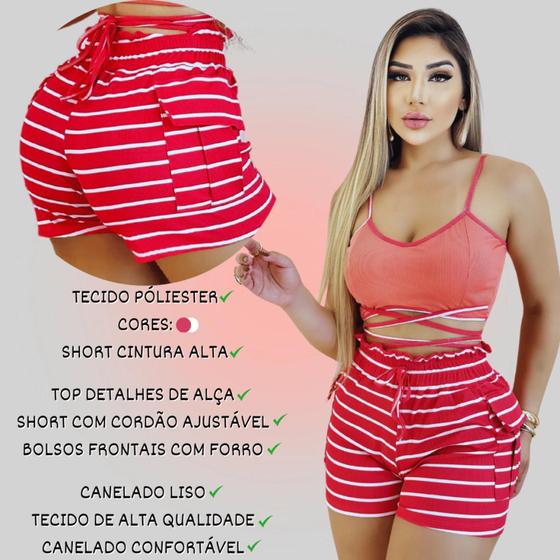 Imagem de Conjunto Feminino Top com Alça e Short Ajustável Pink Listrado   (tamanho unico veste 36oa 42)