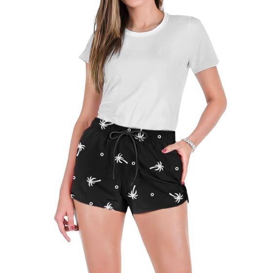 Imagem de Conjunto Feminino Verão Moda Praia Camiseta Algodão Short Tactel Coqueiro