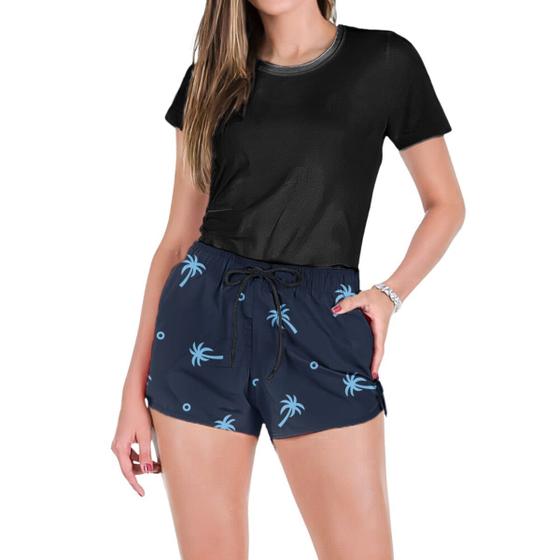 Imagem de Conjunto Feminino Verão Moda Praia Camiseta Algodão Short Tactel Coqueiro