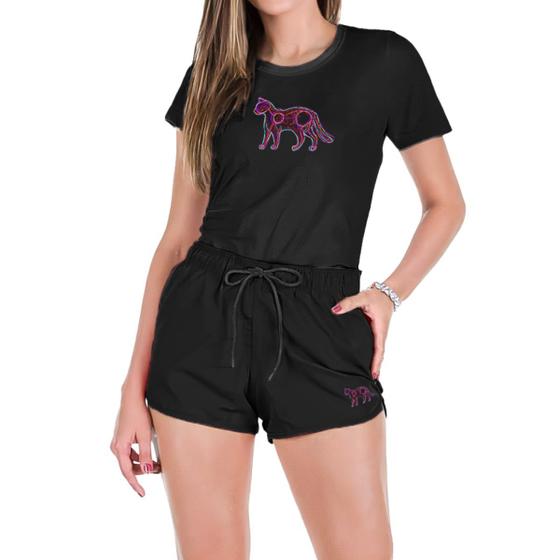 Imagem de Conjunto Feminino Verão Moda Praia Camiseta Algodão Short Tactel Estampada