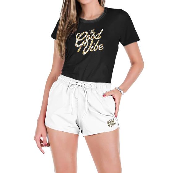 Imagem de Conjunto Feminino Verão Moda Praia Camiseta Algodão Short Tactel Estampada