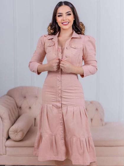 Imagem de Conjunto Feminino Vestido com Botões e Jaqueta Jeans com Elastano