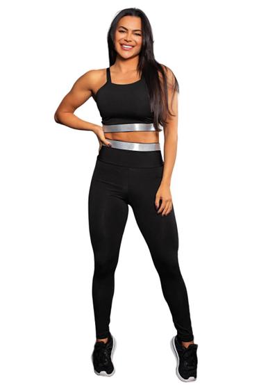 Imagem de  Conjunto Fitness Calça Legging Cintura Alta + Cropped Alcinha Preto com Elásticos