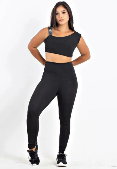 Imagem de Conjunto Fitness calça Legging Listra Branca lateral + Cropped regata