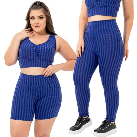 Imagem de Conjunto Fitness com 3 peças legging top e shorts tecido suplex listrado