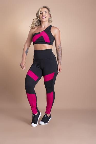 Imagem de Conjunto Fitness Feminino Calça Legging Detalhe Cintura Alta E Top Cropped Faixa Ombro Treino Academia Musculação F7 NEW STYLE