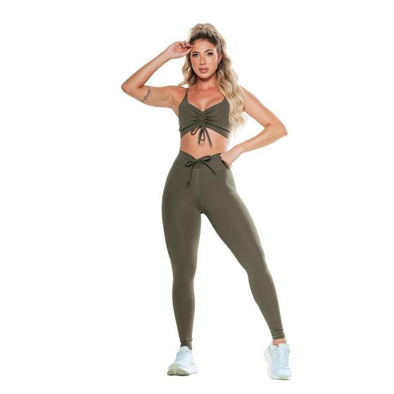 Imagem de Conjunto Fitness Top Alça Fina Legging Cintura Alta Dupla Poliamida Alta Compressão Decote V UV50+