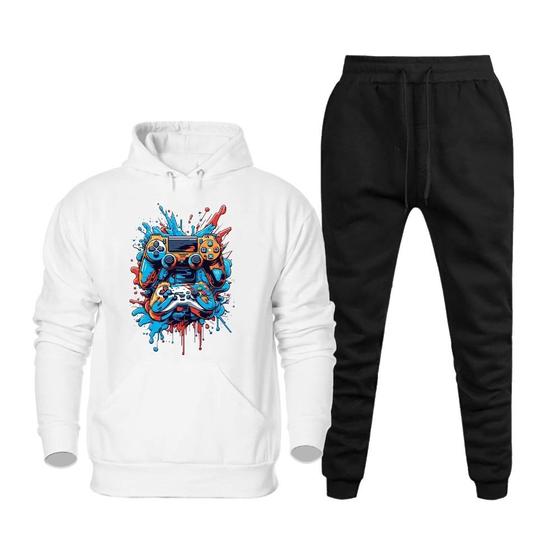 Imagem de Conjunto Flanelado de Frio Moletom Canguru Capuz Estampado Com Calça Jogger Elastico na Cintura