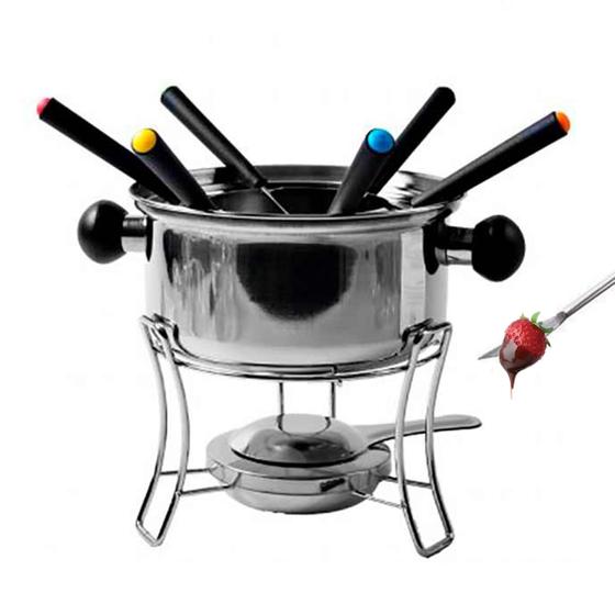 Imagem de Conjunto Fondue 10 Peças Inox Panela Garfo Fogareiro Queijo Chocolate Outono Inverno Frio Vinho Cozinha Gourmet