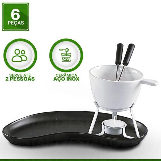 Imagem de Conjunto Fondue 6 Peças Panela Fundi Aço Inox Cerâmica Para Chocolate E Queijo