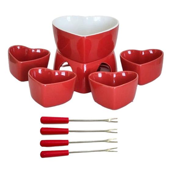 Imagem de Conjunto Fondue Ceramica 10 Peças Coraçao Ramequin Panela Garfo Cozinha Gourmet Queijo Chocolate Presente Lazer Noite Outono Inverno