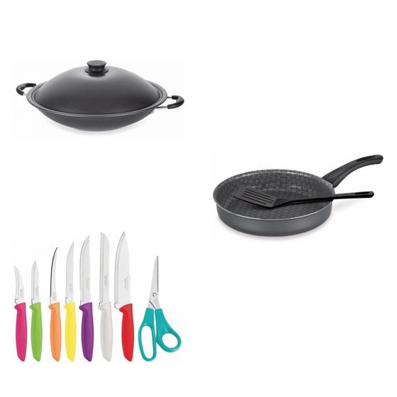 Imagem de Conjunto Frigideira 22cm, Panela Wok 6,6L e Jogo de Facas Tramontina 428125 Preto/Colorido