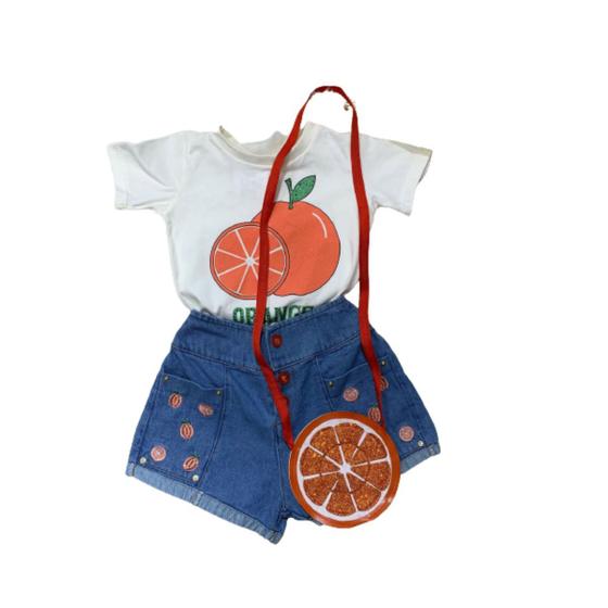 Imagem de Conjunto Fruta Infantil Camiseta Shorts Jeans e Bolsa Menina