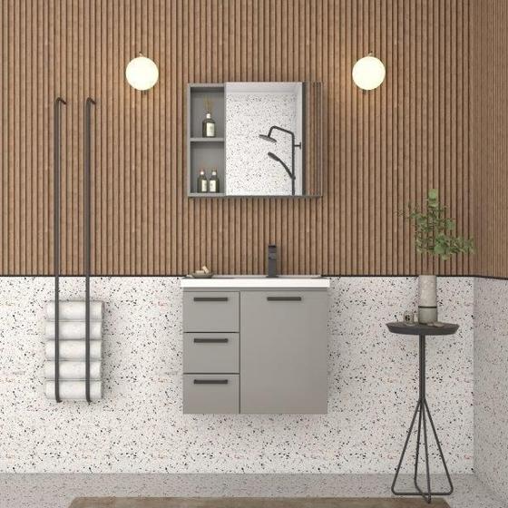 Imagem de Conjunto Gabinete AME Para Banheiro Com Toucador e Espelheira Com Prateleiras Para Objetos Lavatório Com Bordas Sobrepostas Puxadores em Alumínio em A