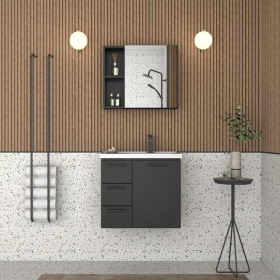 Imagem de Conjunto Gabinete AME Para Banheiro Com Toucador e Espelheira Com Prateleiras Para Objetos Lavatório Com Bordas Sobrepostas Puxadores em Alumínio em A