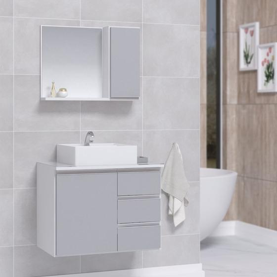 Imagem de Conjunto Gabinete Banheiro Completo Prisma 60cm - Branco / Cinza