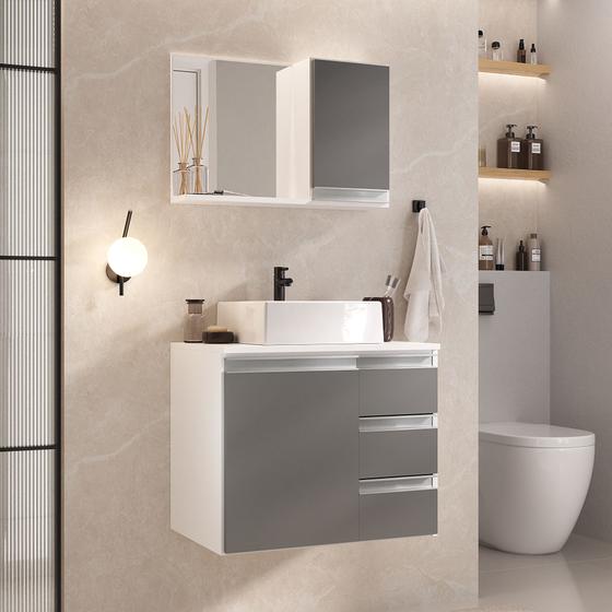 Imagem de Conjunto Gabinete Banheiro Completo Prisma 60cm - Branco / Cinza