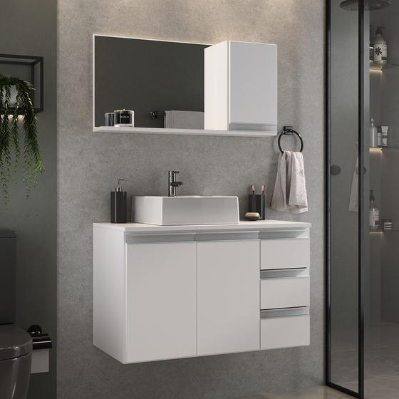 Conjunto gabinete banheiro completo prisma 80cm branco inteiro Menor preço em Conjunto gabinete banheiro completo prisma 80cm branco inteiro