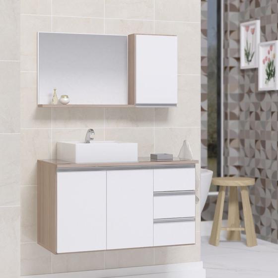 Imagem de Conjunto gabinete banheiro completo prisma 80cm madeirado/branco