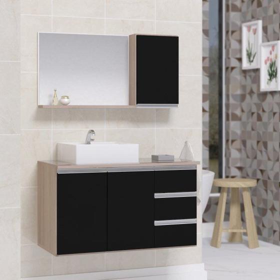 Conjunto gabinete banheiro completo prisma 80cm madeirado/preto Menor preço em Conjunto gabinete banheiro completo prisma 80cm madeirado/preto