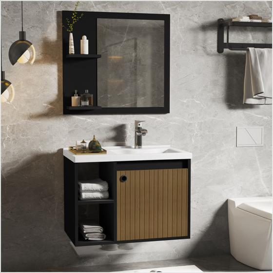 Imagem de Conjunto gabinete com espelheira e cuba para banheiro 60cm adonis preto ripado