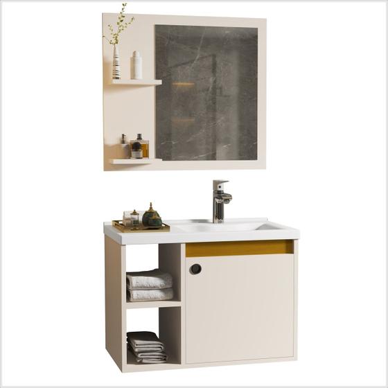 Imagem de Conjunto Gabinete com Espelheira e Cuba para Banheiro Adonis 60cm Pérola com Nature - Ofertamo