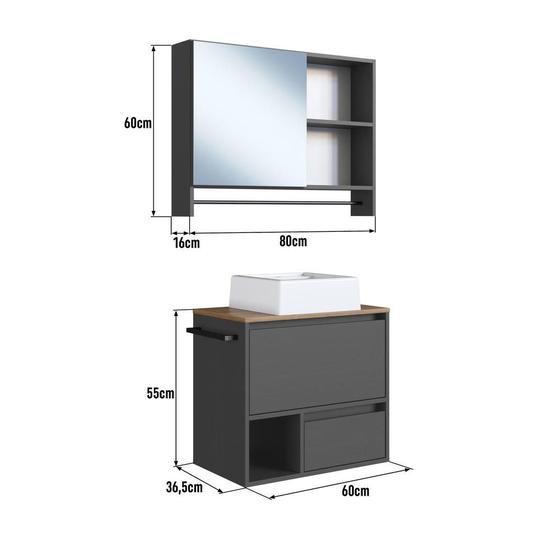 Imagem de Conjunto Gabinete para banheiro Nicho 1 Gaveta 1 porta com cuba Armário de Banheiro 1 porta com espelho
