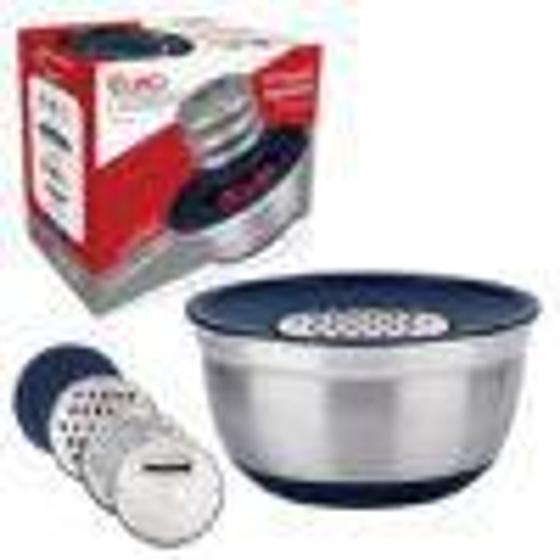 Conjunto German Bowl inox c/ ralador 3 em 1 azul - EURO Menor preço em Conjunto German Bowl inox c/ ralador 3 em 1 azul - EURO