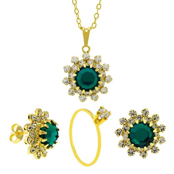 Imagem de Conjunto Girassol Gargantilha Brincos Solitário Verde Esmeralda Banhado Ouro Amarelo 18 k - KIT16414