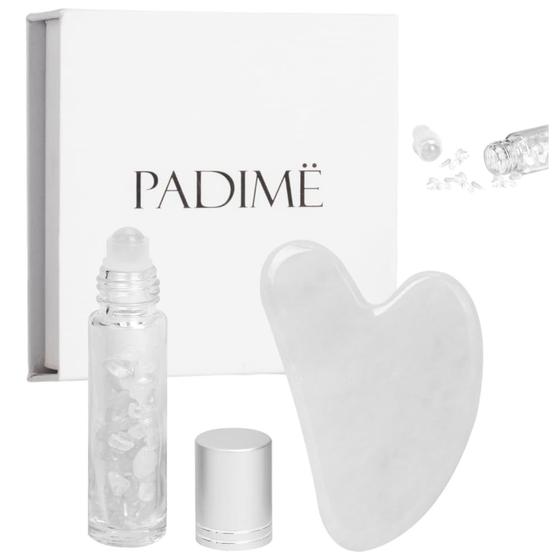 Imagem de Conjunto Gua-Sha Padimë Clear Quartz, pacote com 2 unidades com garrafa de vidro