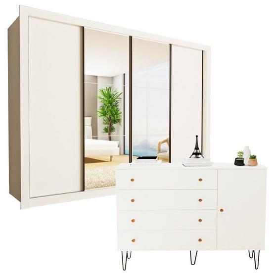 Imagem de Conjunto Guarda-Roupa Casal com 6 Espelhos 4 Portas e Cômoda 1 Porta 4 Gavetas Branco