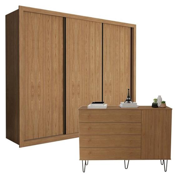 Imagem de Conjunto Guarda Roupa Casal Premium 242cm 3 Portas e Cômoda 129,5cm 1 Porta 4 Gavetas Minastex