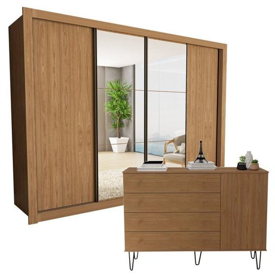 Imagem de Conjunto Guarda Roupa Casal Premium 279,3cm com Espelho 4 Portas e Cômoda 1 Porta 4 Gavetas