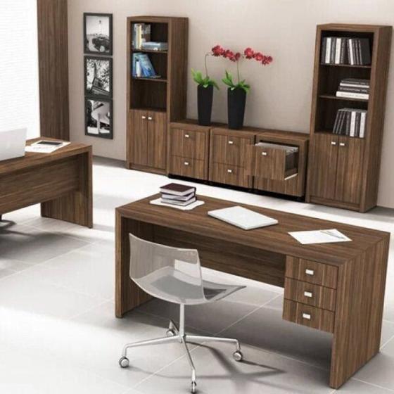 Imagem de Conjunto Home Office 1 Escrivaninha, 2 Estantes e 3 Gaveteiros Balcão Tecno Mobili