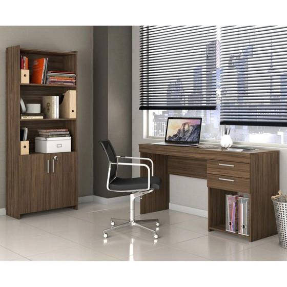 Imagem de Conjunto Home Office 2 Peças 1 Escrivaninha 2 Gavetas 1 Armário 2 Portas 2 Prateleiras Espresso Móveis