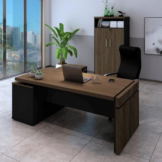 Imagem de Conjunto Home Office 2 Peças 1 Mesa em L Diretoria Tampo Tamburato com 1 Armário Alto Artany