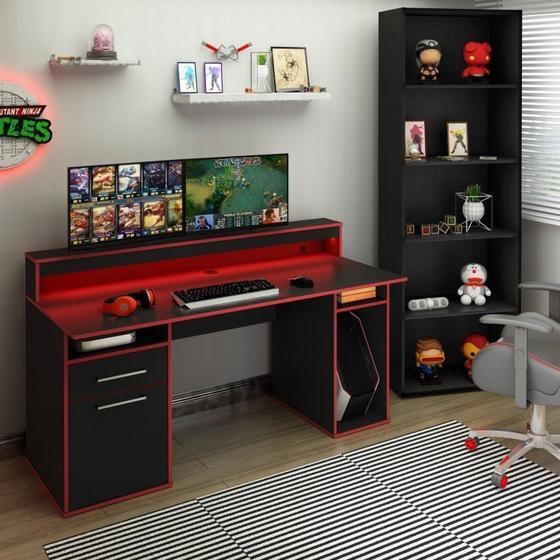 Imagem de Conjunto Home Office 2 Peças 1 Mesa Gamer com LED 1 Estante 5 Prateleiras Multy Espresso Móveis