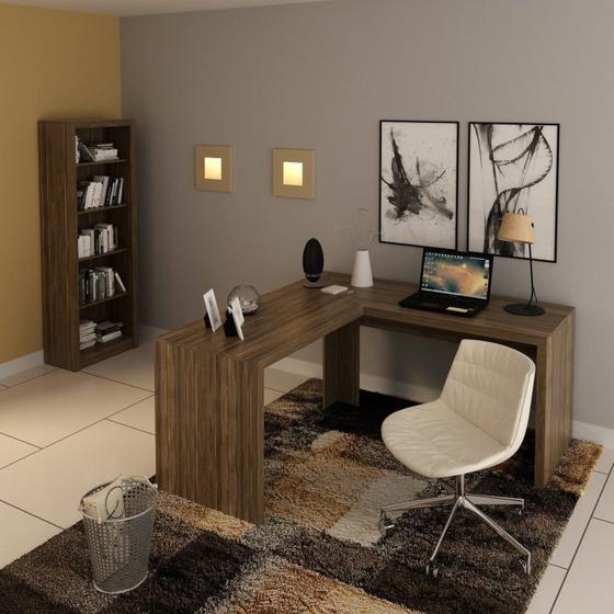 Imagem de Conjunto Home Office 2 Peças com 1 Mesa para Escritório em L e 1 Estante Espresso Móveis