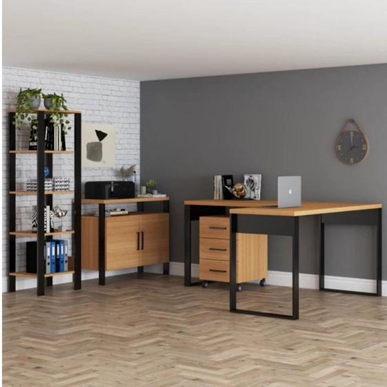 Imagem de Conjunto Home Office 4 Peças 100% MDF Mesa em L , Gaveteiro, Armário e Estante Pradel Móveis