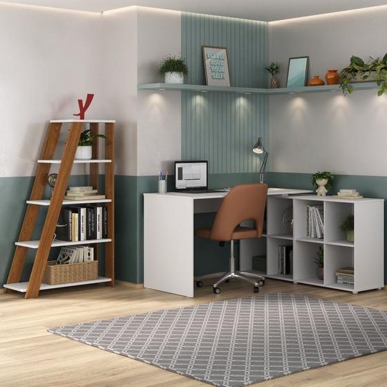 Imagem de Conjunto Home Office com Escrivaninha em L com 8 Nichos e Estante Escada Organizadora Branco com freijó
