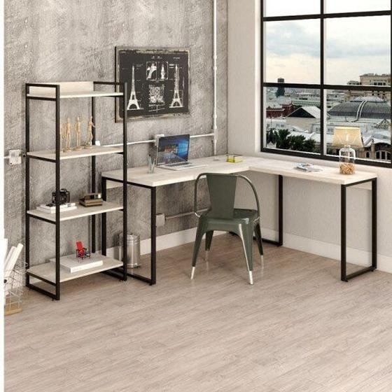 Imagem de Conjunto Home Office Industrial 2 Peças 1 Escrivaninha em L e 1 Estante 4 Prateleiras Kuadra Compace