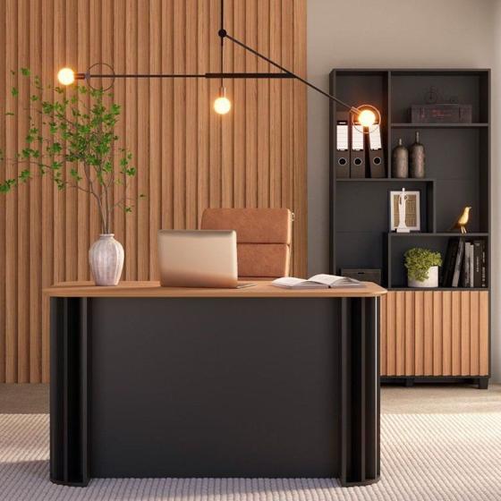 Imagem de Conjunto Home Office Mesa de Escritório Ripada 135cm com Gaveta 1 Estante 2 Portas Espresso Móveis