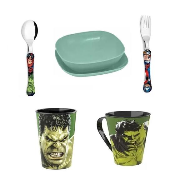 Imagem de Conjunto Hulk Faqueiro 2 Peças Avengers Copo Caneca Pratos